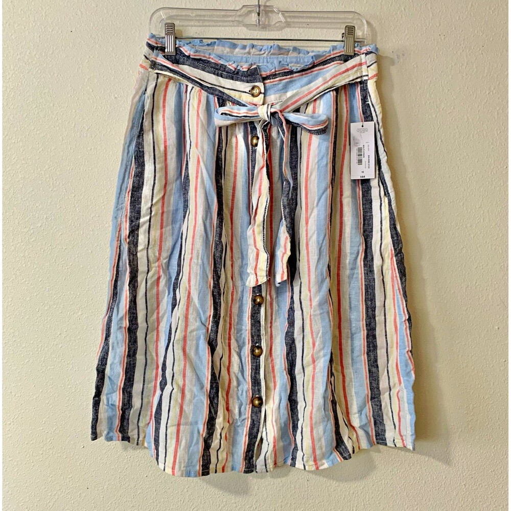 a.n.a Women’s Striped Button Front Tie Waist A-Line Woven Linen/Rayon Skirt 10